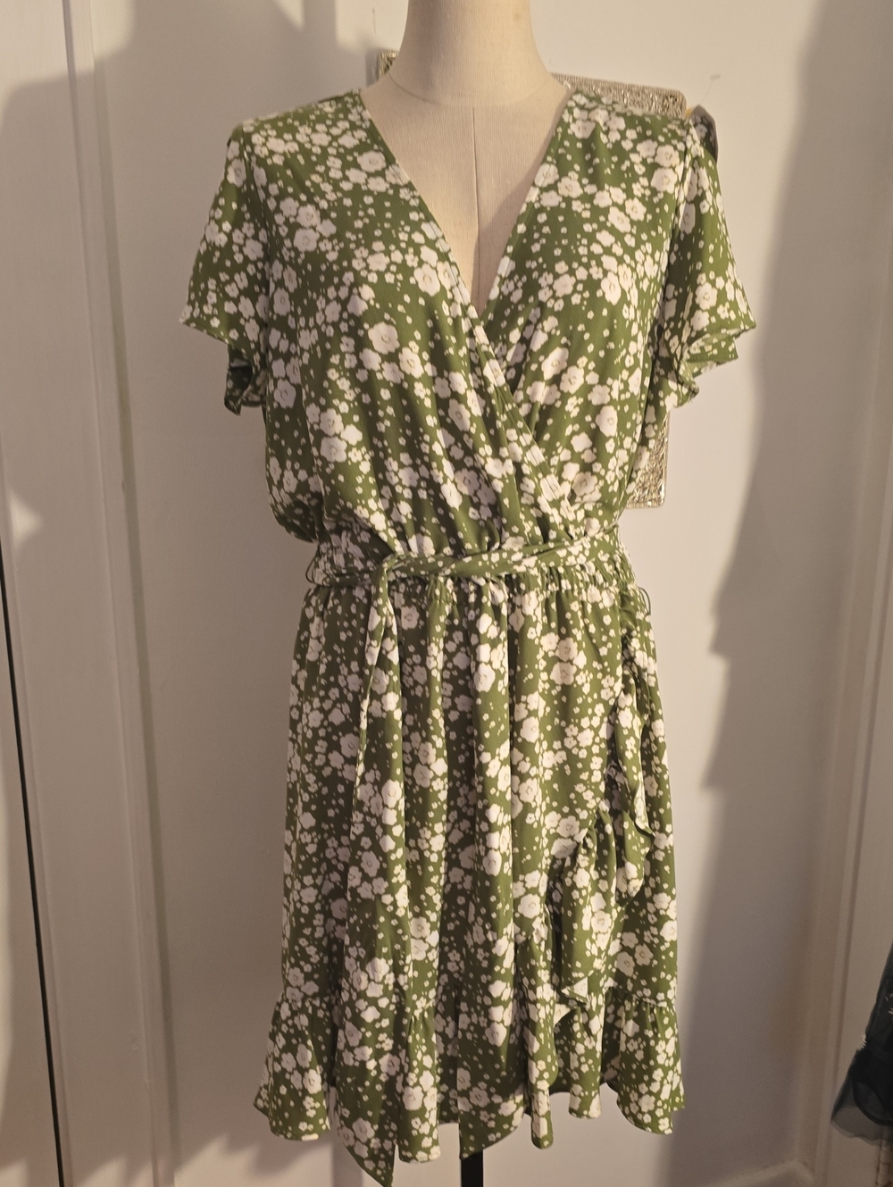 LC Lauren Conrad Olive Green Floral Wrap Dress with White Print